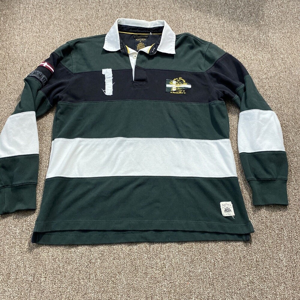 Nautica Men Size L Green Cotton L/S Patched Brushed Backed Pique Polo Shirt